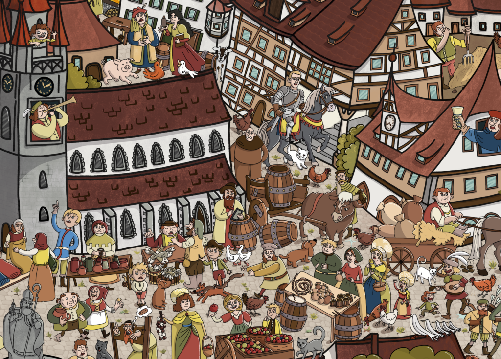 Cartoon-Illustration einer belebten mittelalterlichen Stadt mit Markt, Burg und vielen Menschen.