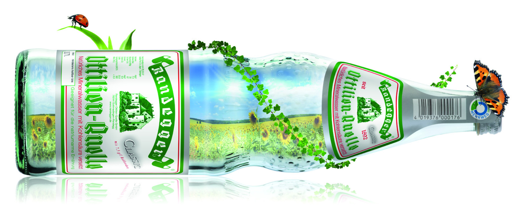 Randegger Ottilien-Quelle: Natürliches Mineralwasser mit Marienkäfer und Schmetterling. Startseite.