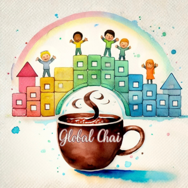 Aquarell: Global Chai Tasse, Kinder auf bunten Blöcken unter Regenbogen. Tee und Gemeinschaft.