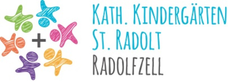 Logo Kath. Kindergärten St. Radolt Radolfzell. Bunte Kinderfiguren Symbol für Kindergarten, Kita, Betreuung.
