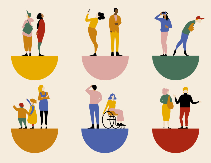 Illustration verschiedener Menschen auf farbigen Halbkreisen. Vielfalt, Inklusion, Gemeinschaft.