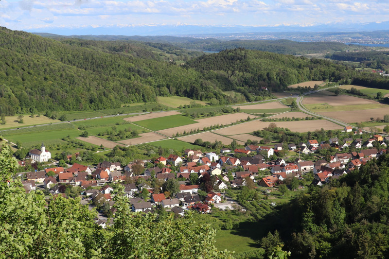 Panoramablick auf Dorf in Deutschland mit Feldern, Wald und Alpen im Hintergrund. Idylle pur!