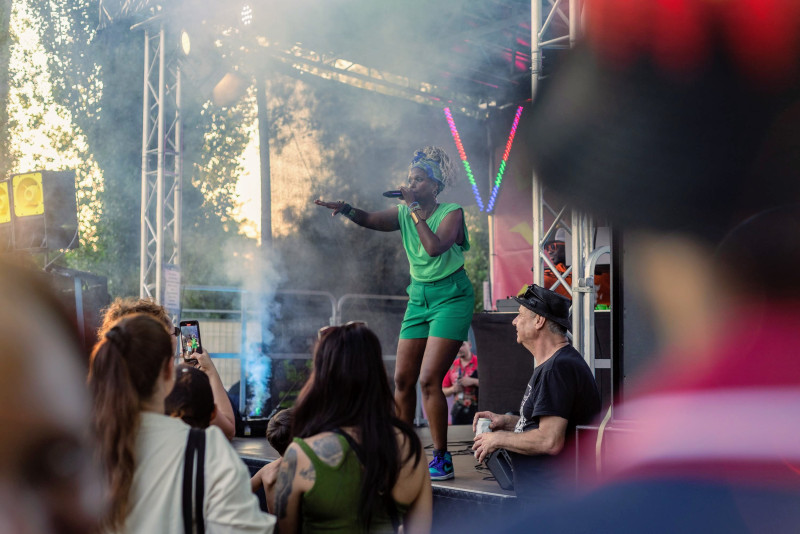 Eine Sängerin performt auf der Bühne bei einem Konzert, umgeben von jubelnden Zuschauern und hellem Scheinwerferlicht.
